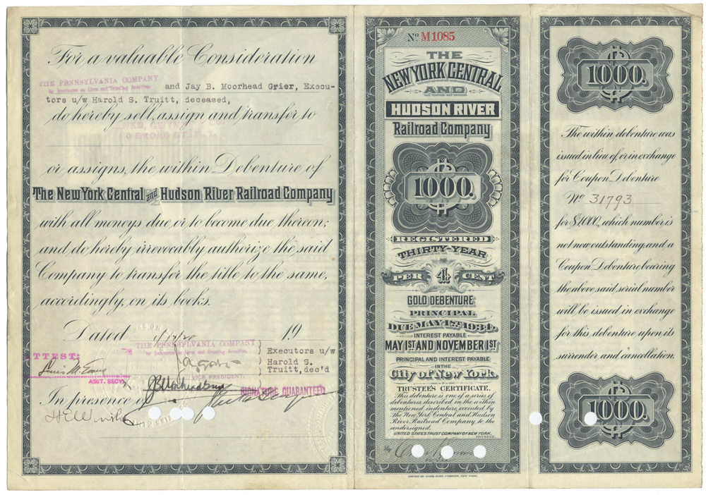 New York Central and Hudson River Railroad Company Bond Certificate