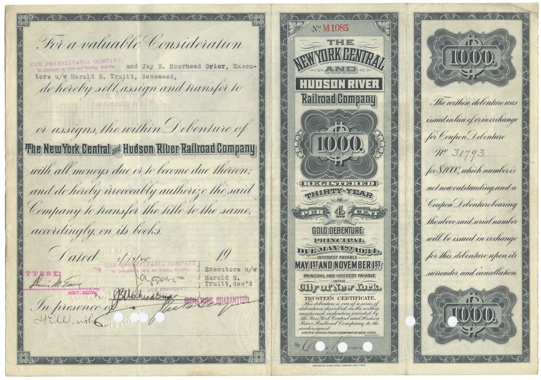 New York Central and Hudson River Railroad Company Bond Certificate