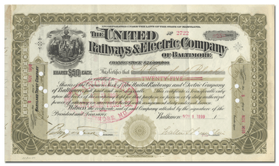 United Railways & Electric Company of Baltimore Stock Certificate