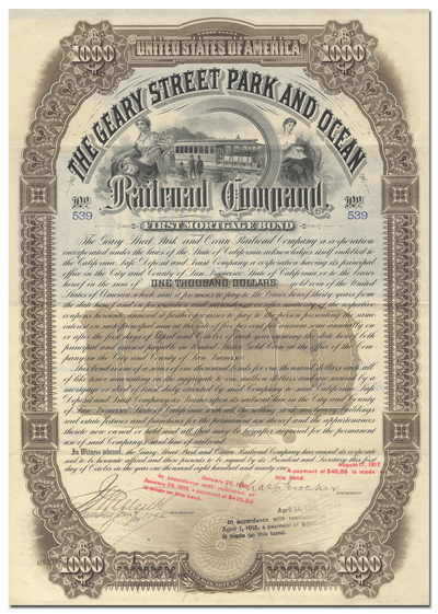Geary Street Park and Ocean Railroad Company Signed by Charles Crocker