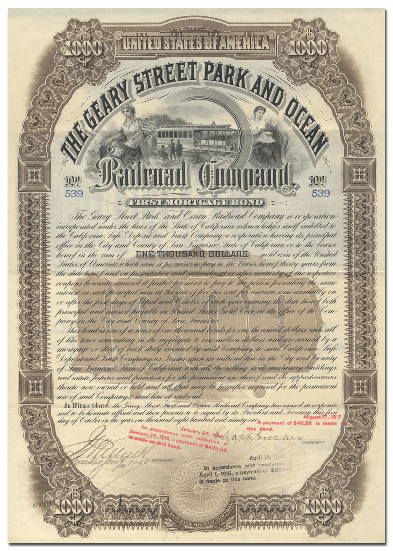 Geary Street Park and Ocean Railroad Company Signed by Charles Crocker