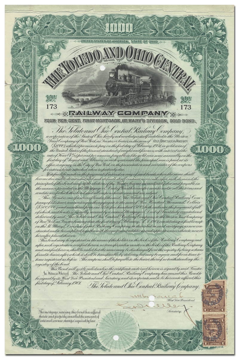 Toledo and Ohio Central Railway Company Bond Certificate