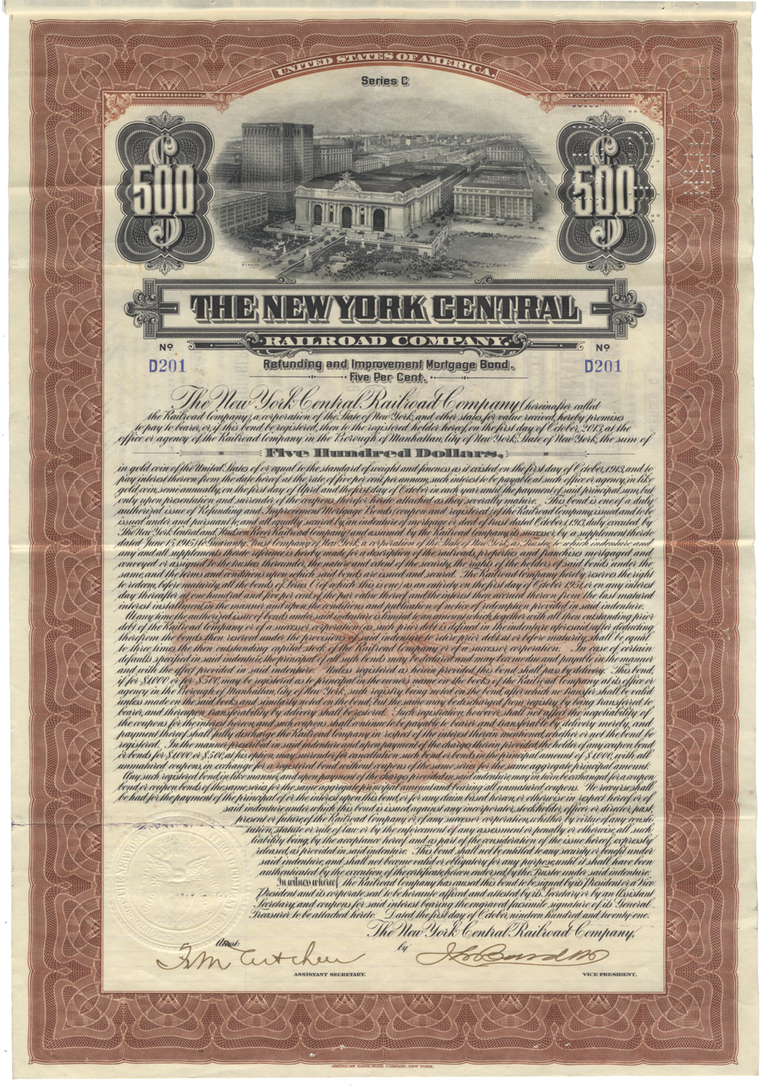 New York Central Railroad Company Bond Certificate