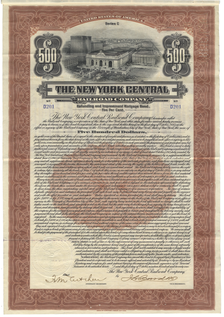 New York Central Railroad Company Bond Certificate