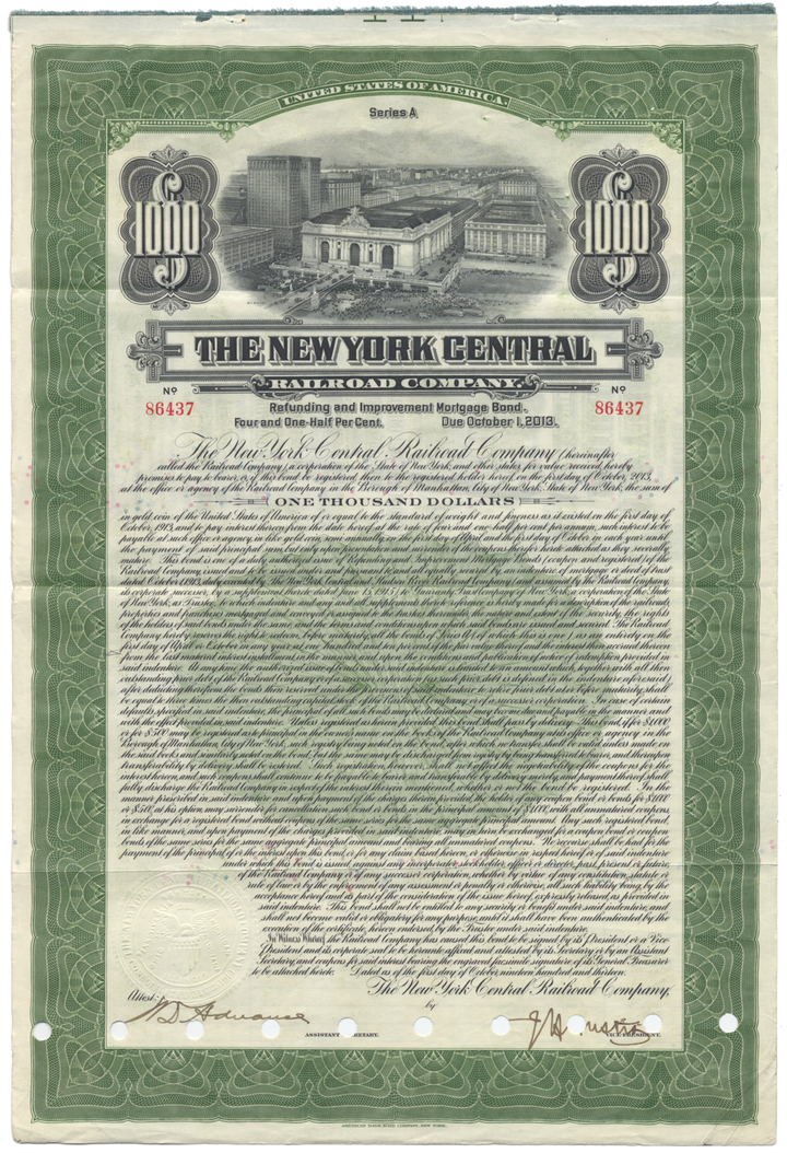 New York Central Railroad Company Bond Certificate