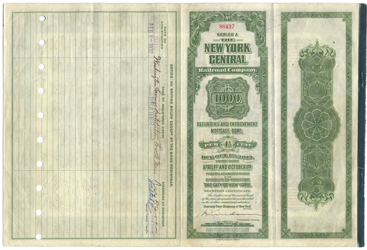 New York Central Railroad Company Bond Certificate