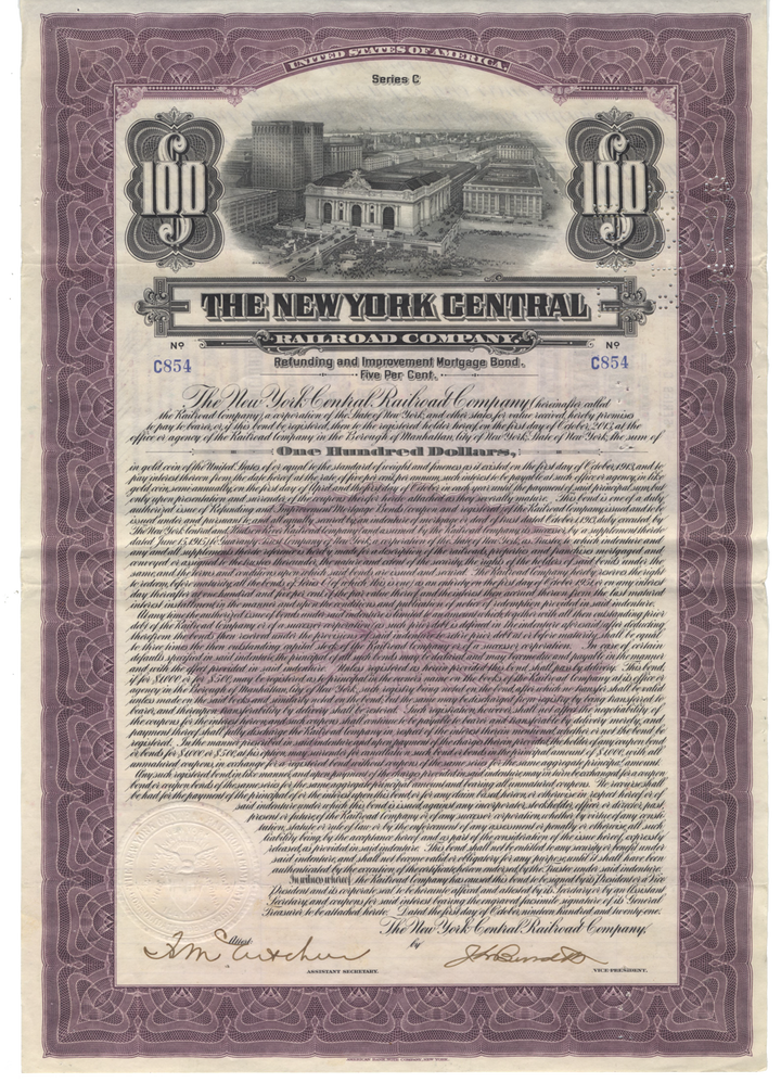 New York Central Railroad Company Bond Certificate