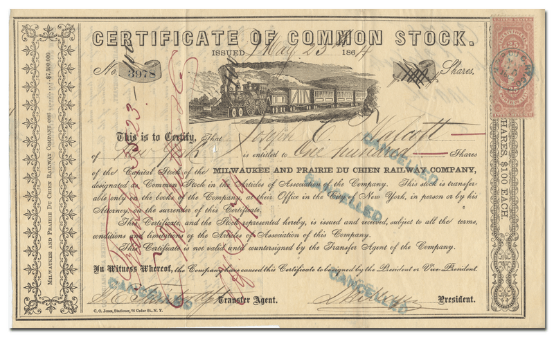 Milwaukee and Prairie du Chien Railway Company Stock Certificate