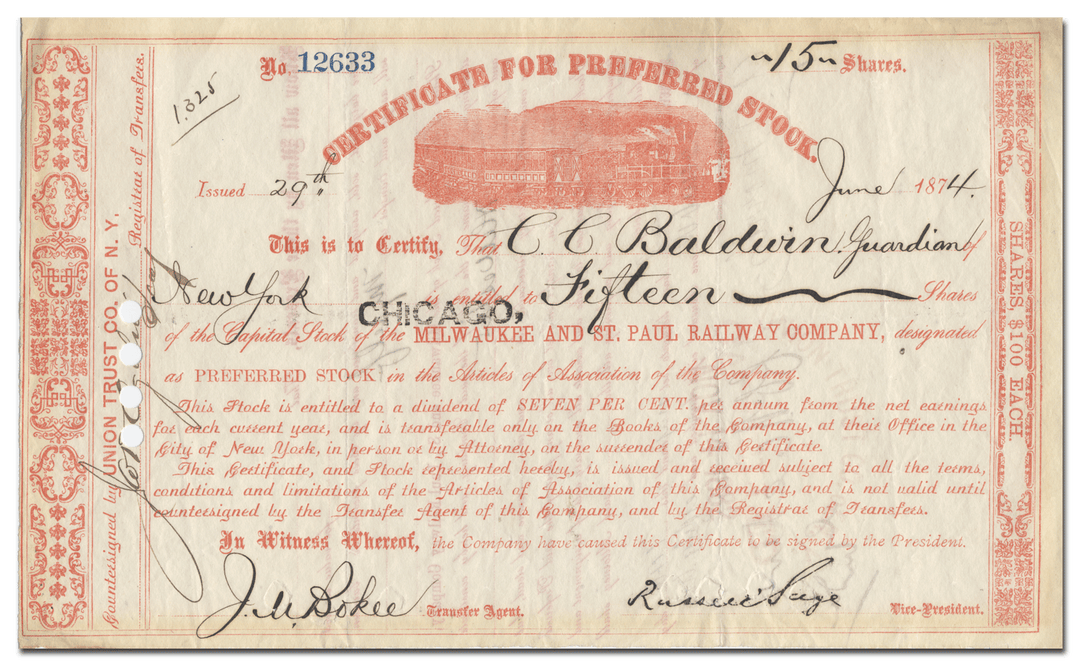 Chicago, Milwaukee and St. Paul Railway Company Stock Certificate Signed by Russell Sage