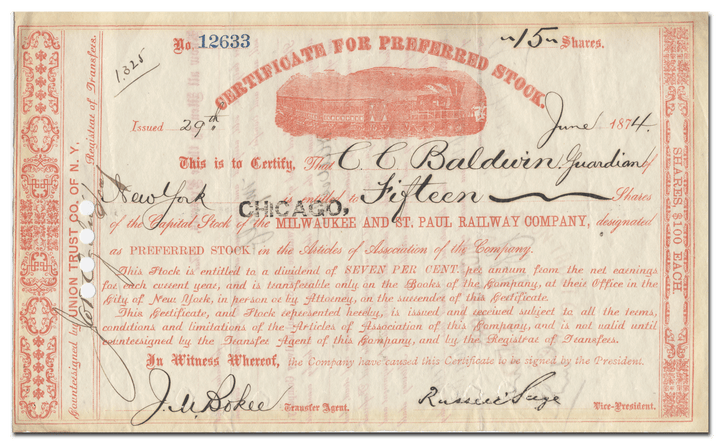 Chicago, Milwaukee and St. Paul Railway Company Stock Certificate Signed by Russell Sage