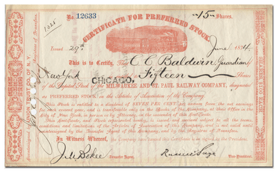 Chicago, Milwaukee and St. Paul Railway Company Stock Certificate Signed by Russell Sage