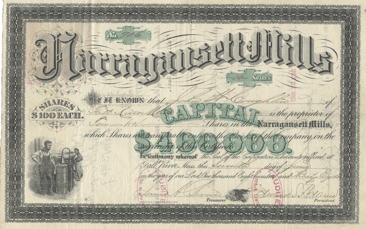 Narragansett Mills Stock Certificate