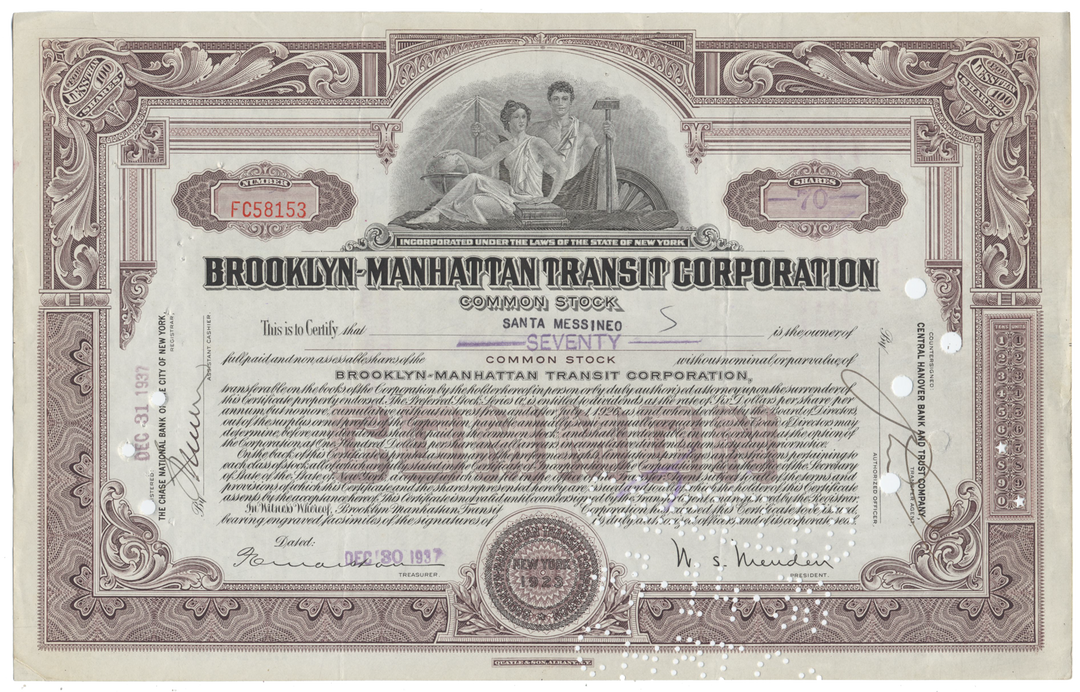 Brooklyn-Manhattan Transit Corporation Stock Certificate