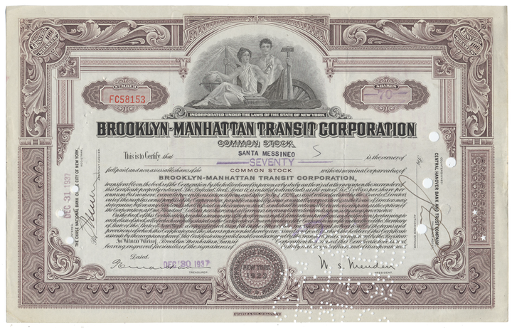 Brooklyn-Manhattan Transit Corporation Stock Certificate