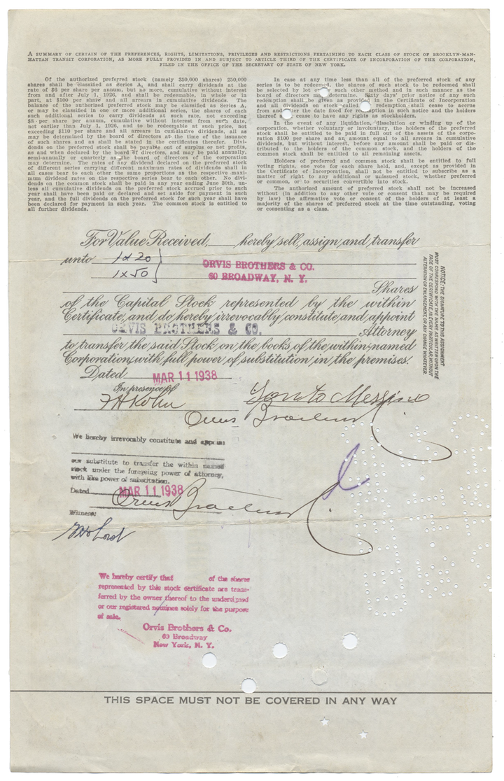 Brooklyn-Manhattan Transit Corporation Stock Certificate