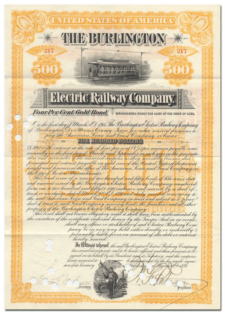 Burlington Electric Railway Company Bond Certificate