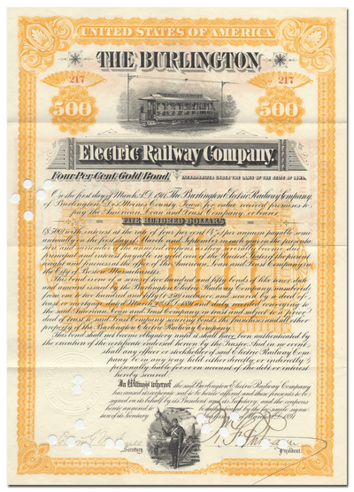 Burlington Electric Railway Company Bond Certificate