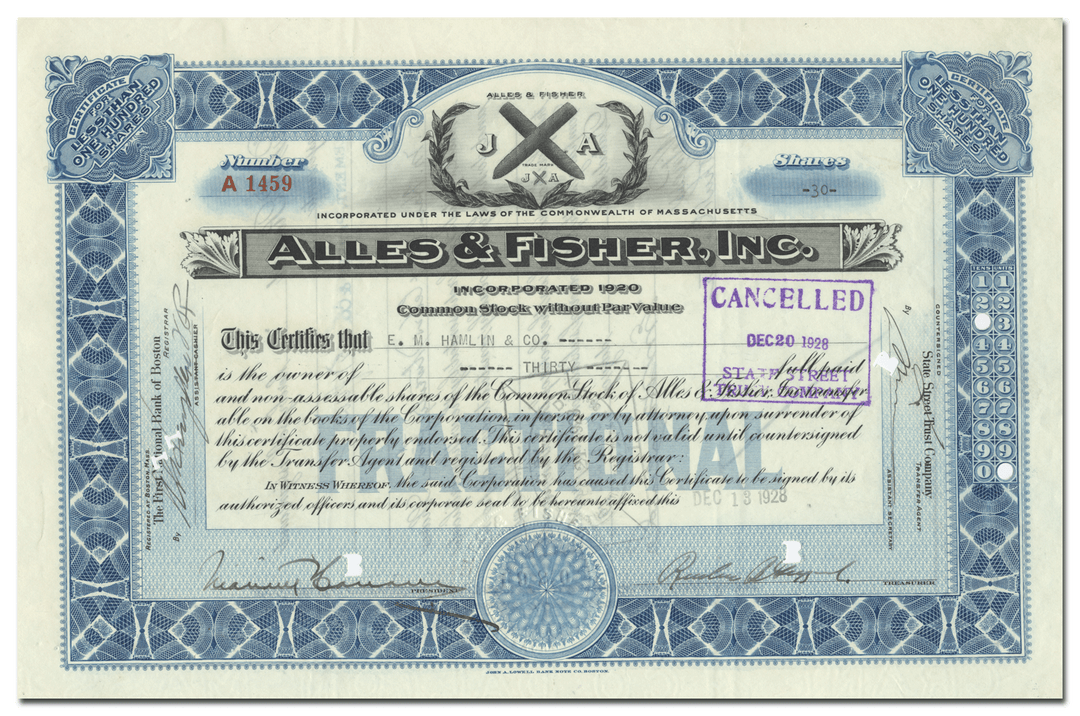 Alles & Fisher, Inc. Stock Certificate