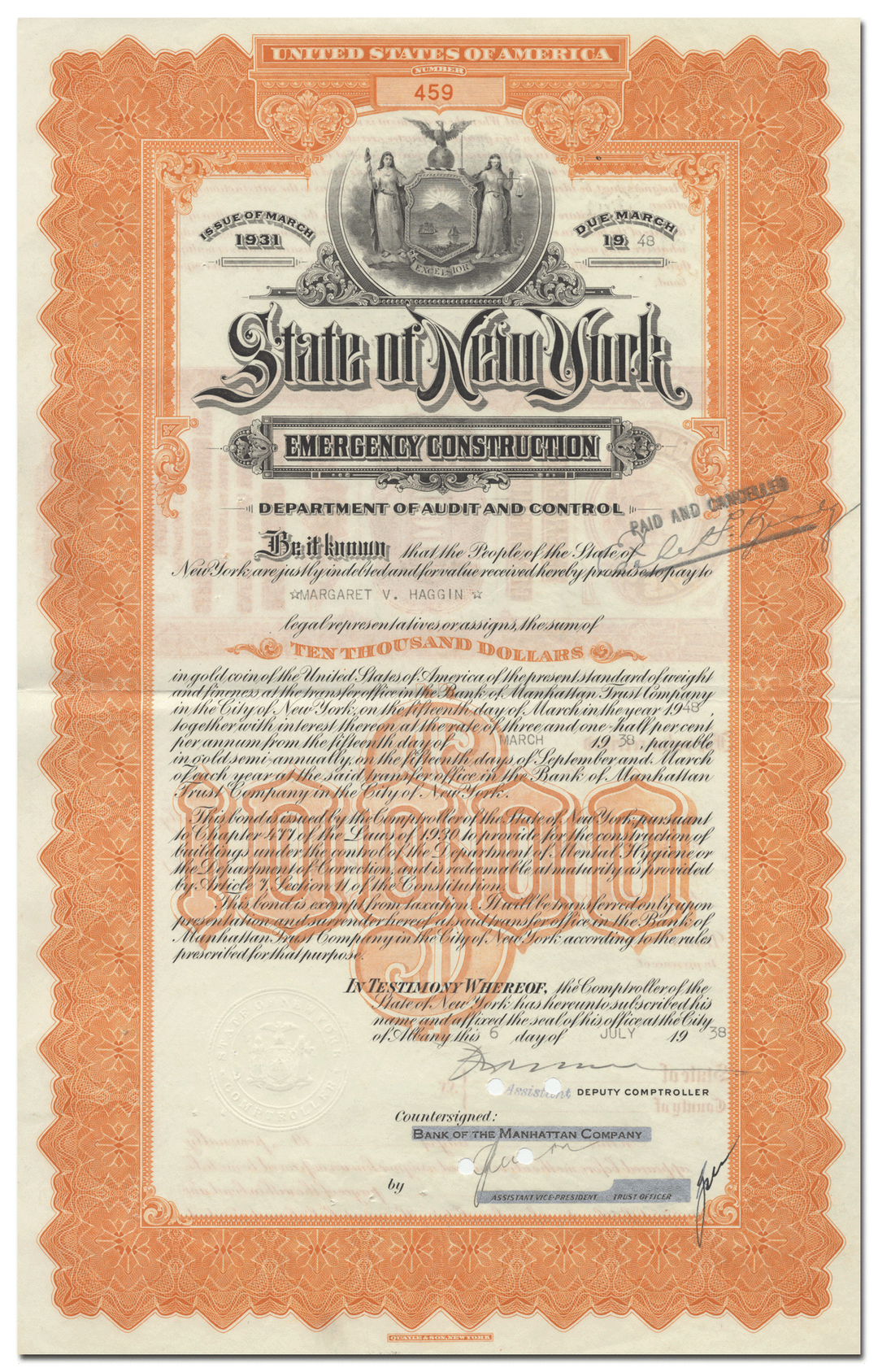 State of New York Emergency Construction Bond Certificate