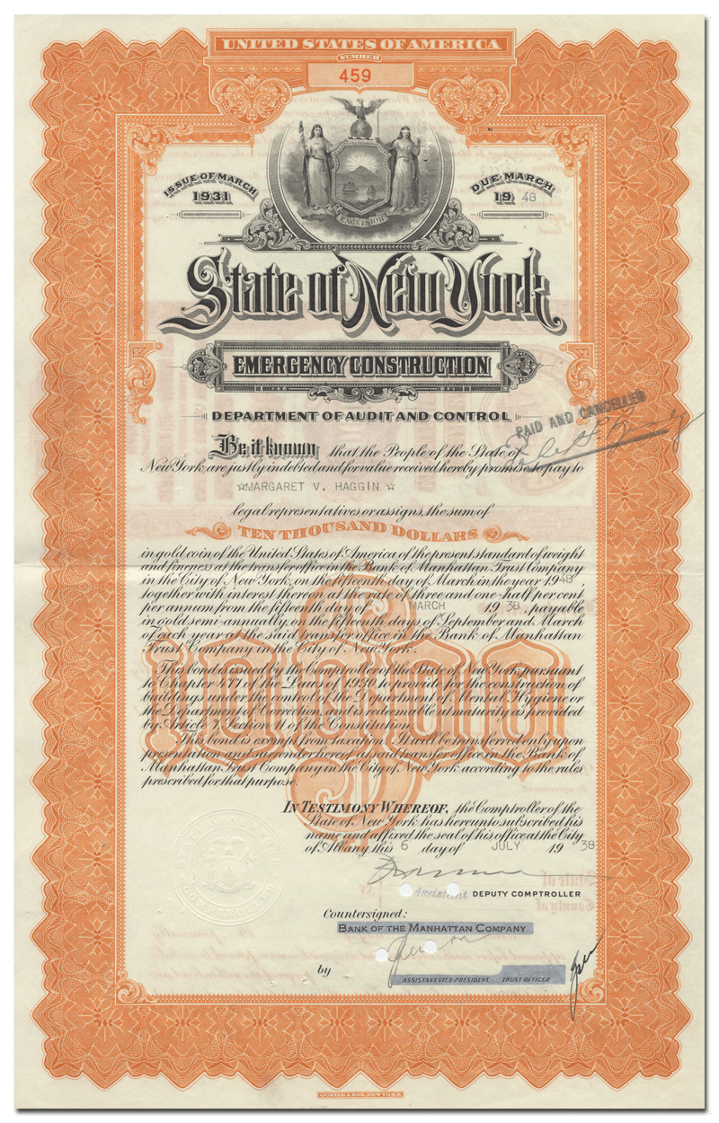 State of New York Emergency Construction Bond Certificate