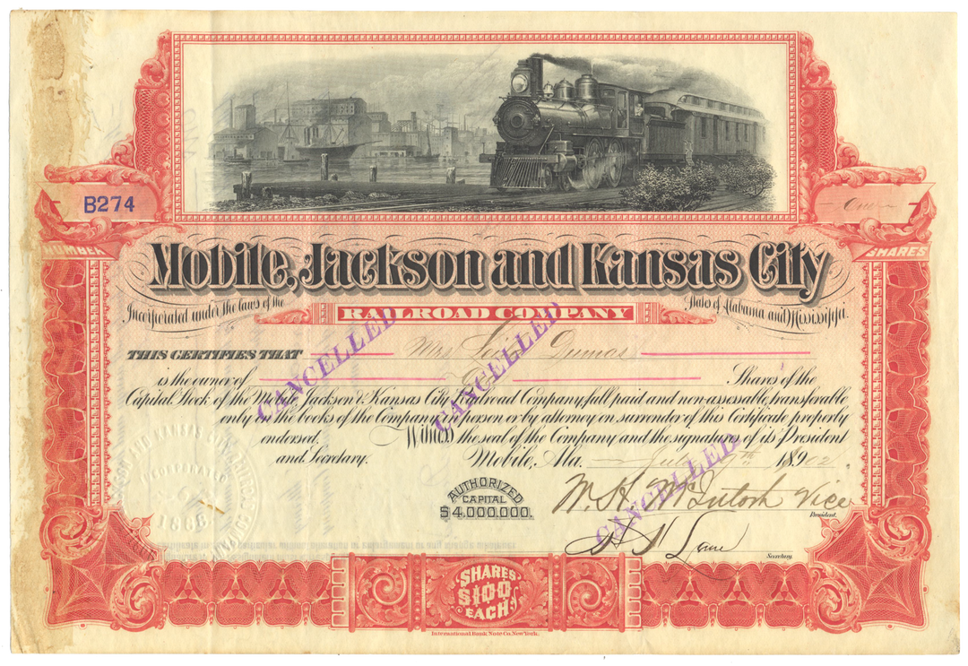 Mobile, Jackson and Kansas City Railroad Company Stock Certificate