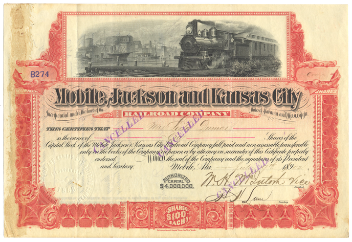 Mobile, Jackson and Kansas City Railroad Company Stock Certificate