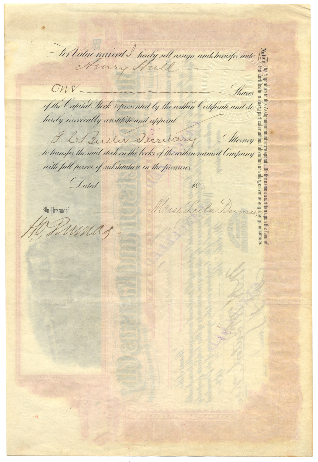 Mobile, Jackson and Kansas City Railroad Company Stock Certificate