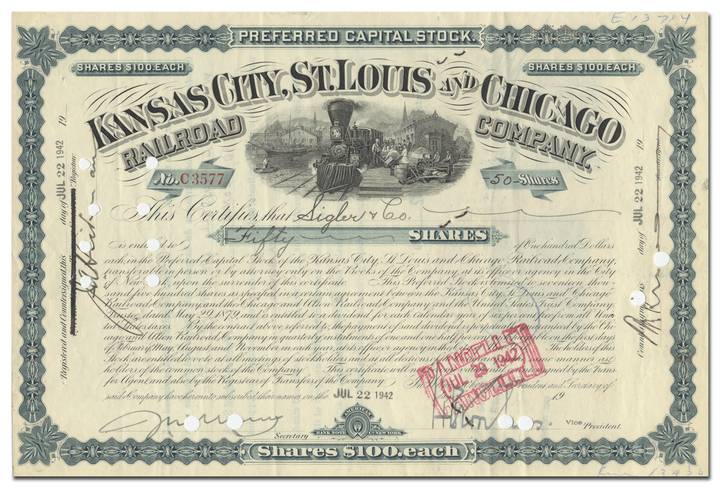 Kansas City, St. Louis and Chicago Railroad Company Stock Certificate