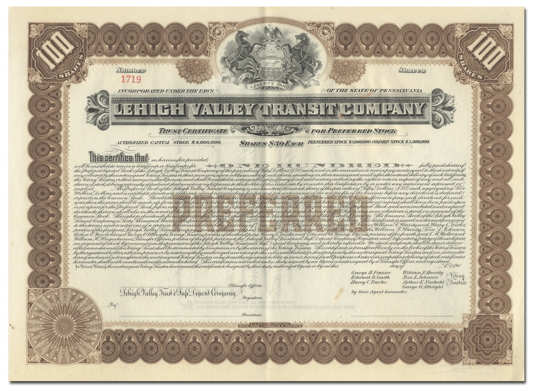 Lehigh Valley Transit Company Stock Certificate