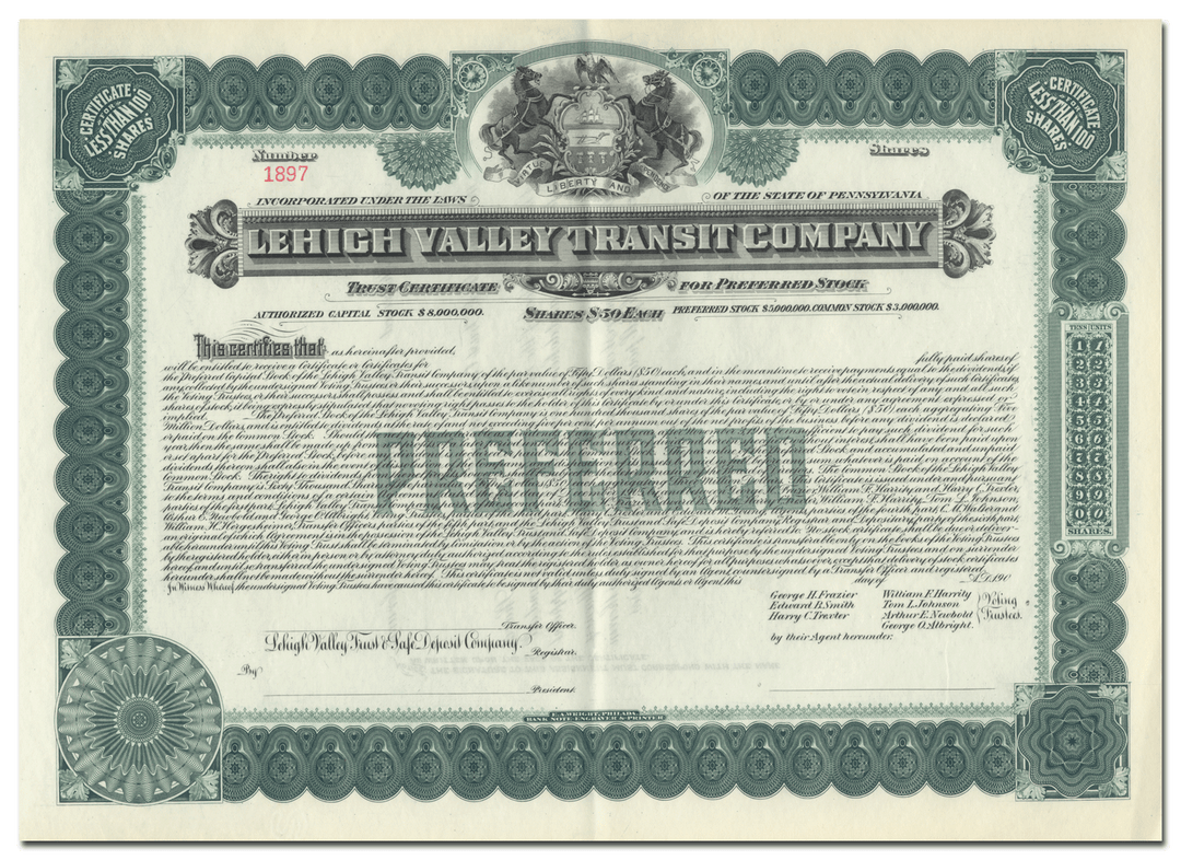 Lehigh Valley Transit Company Stock Certificate