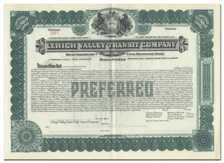 Lehigh Valley Transit Company Stock Certificate