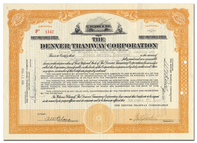 Denver Tramway Corporation Stock Certificate