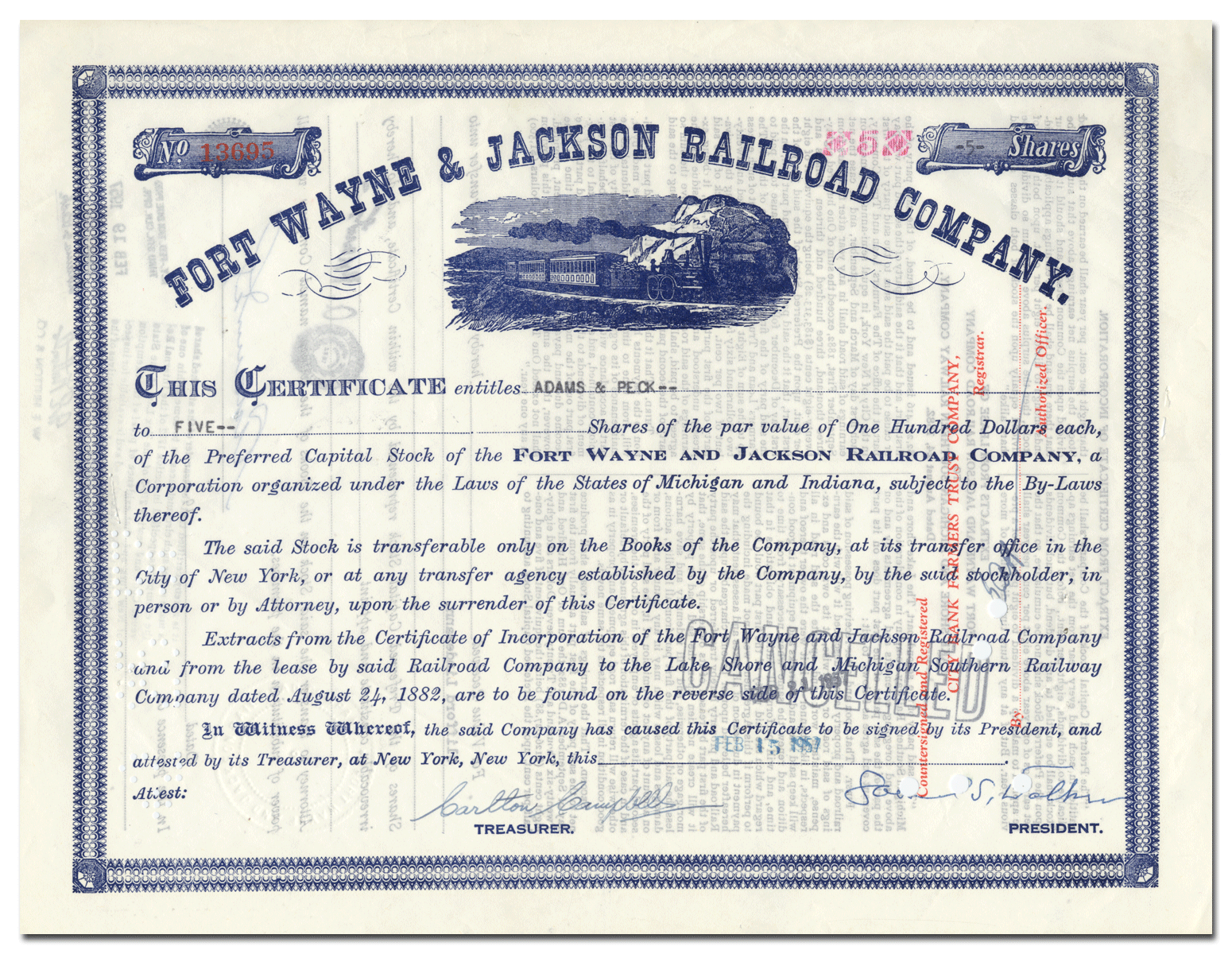 Fort Wayne & Jackson Railroad Company Stock Certificate