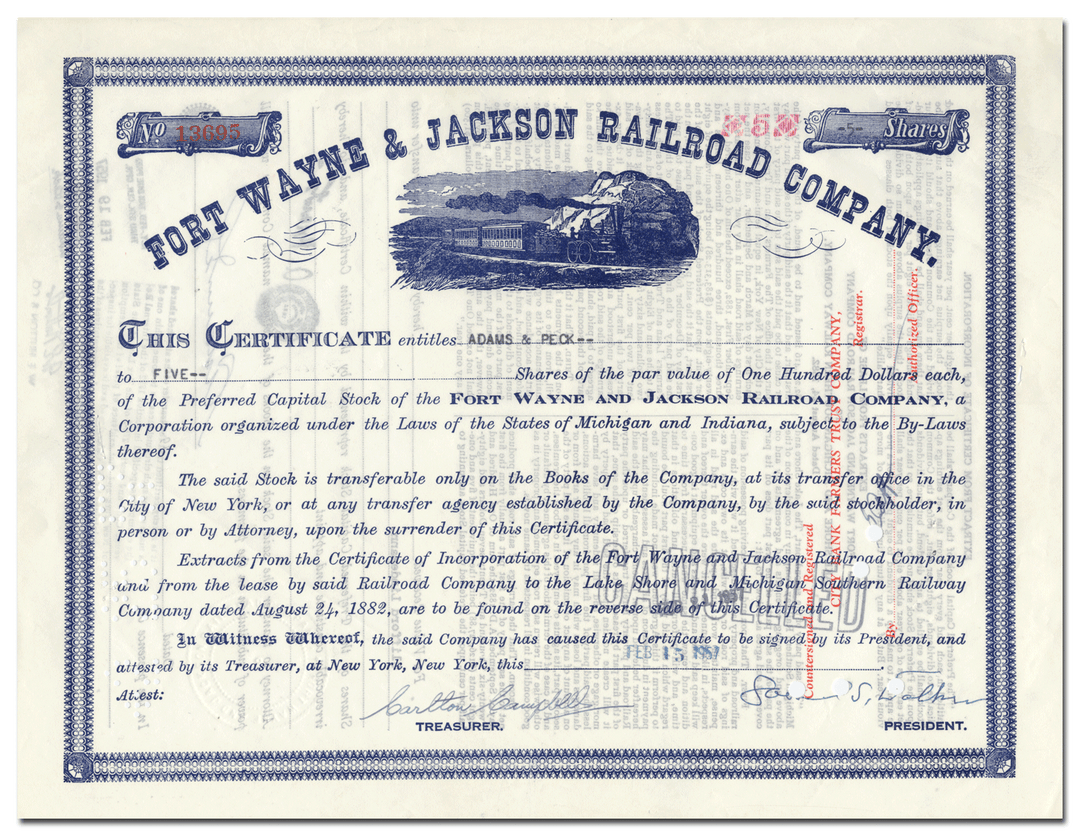 Fort Wayne & Jackson Railroad Company Stock Certificate