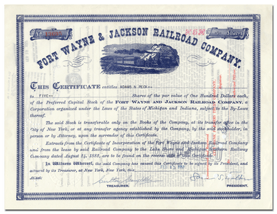 Fort Wayne & Jackson Railroad Company Stock Certificate