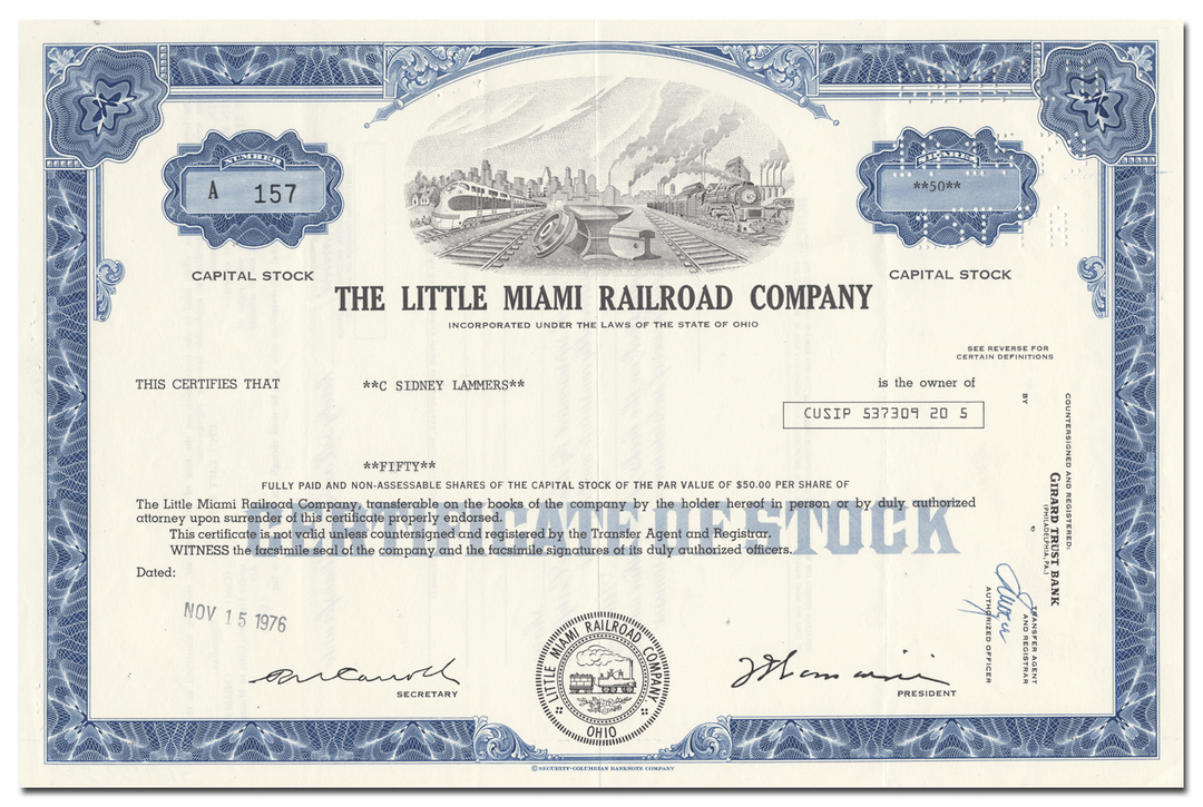 Little Miami Railroad Company Stock Certificate