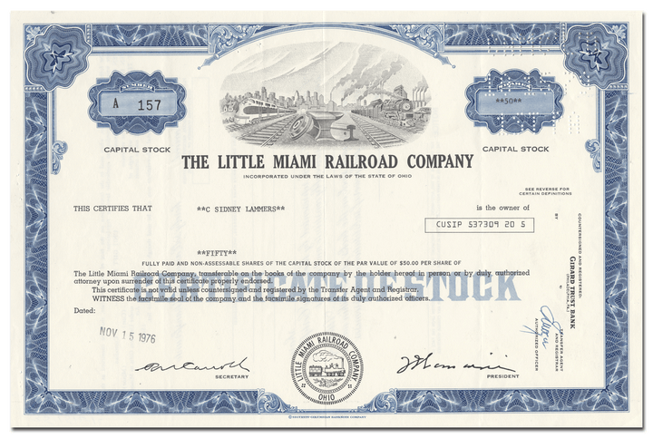 Little Miami Railroad Company Stock Certificate