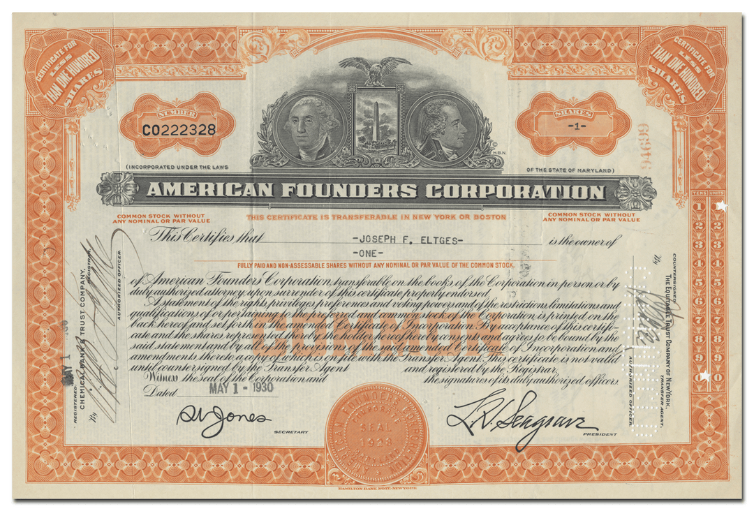 American Founders Corporation Stock Certificate