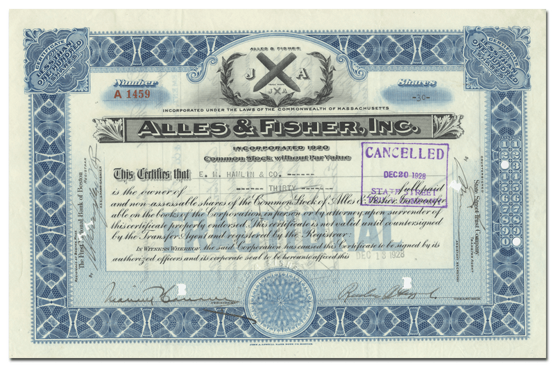 Alles & Fisher, Inc. Stock Certificate