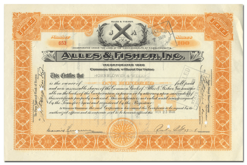 Alles & Fisher, Inc. Stock Certificate