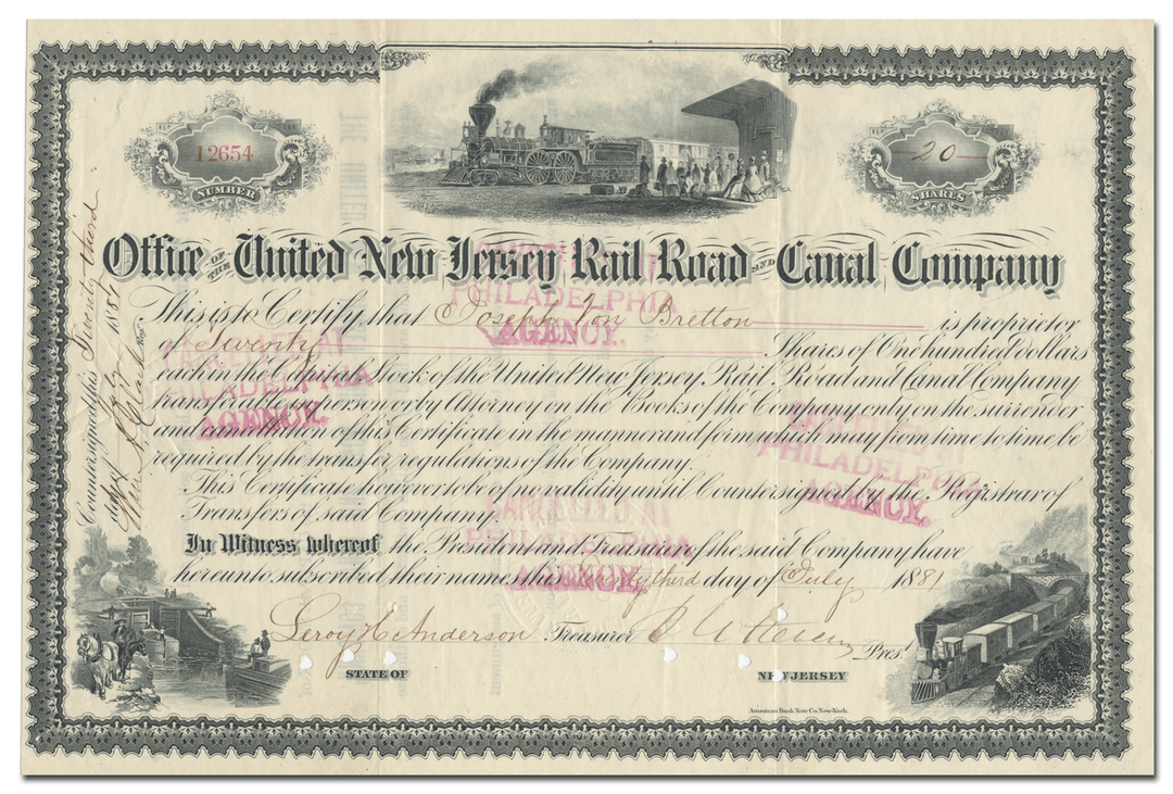 United New Jersey Rail Road and Canal Company Stock Certificate