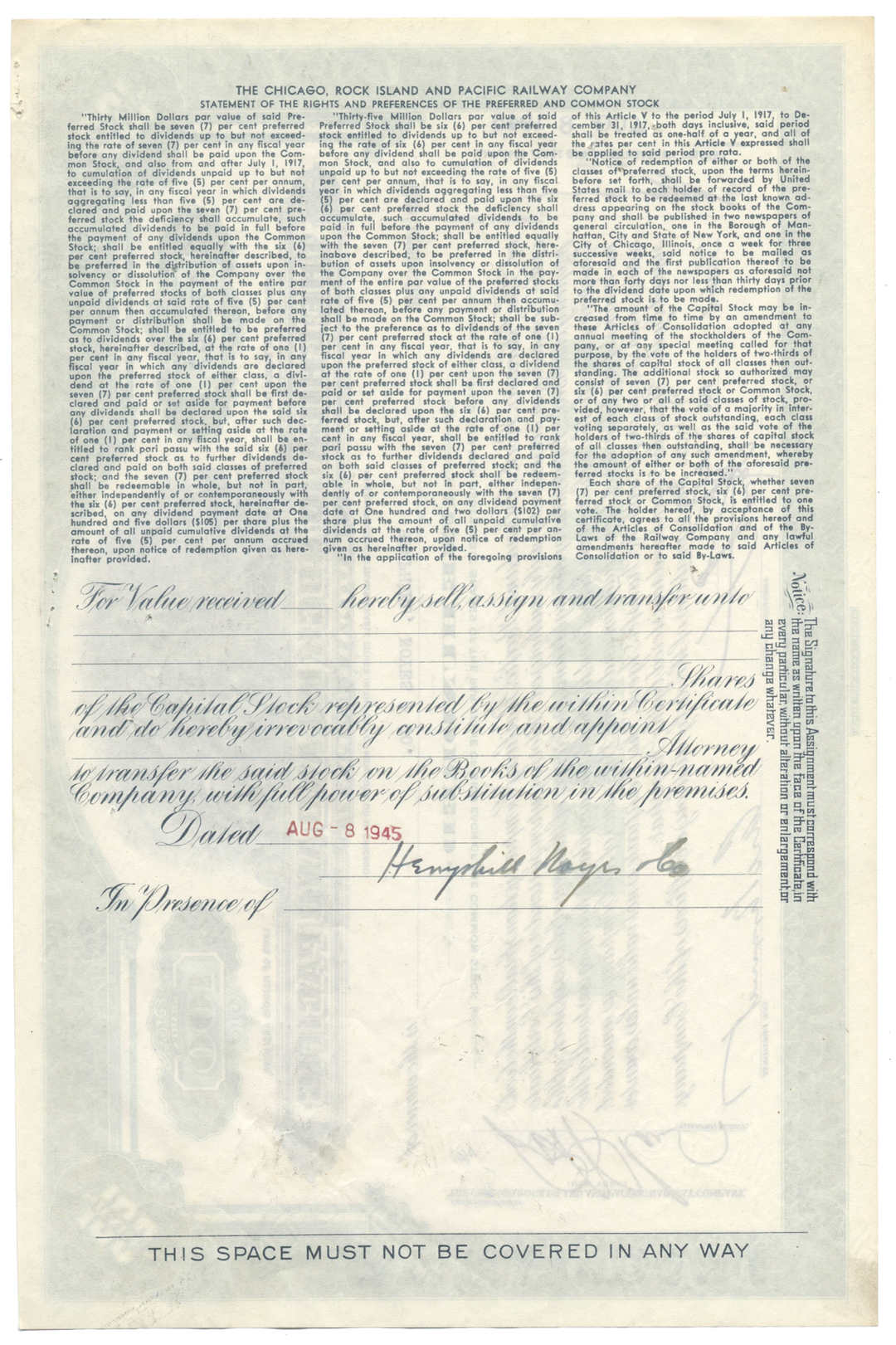 Chicago, Rock Island and Pacific Railway Company Stock Certificate