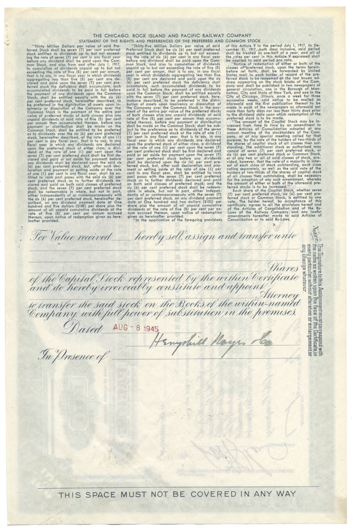 Chicago, Rock Island and Pacific Railway Company Stock Certificate