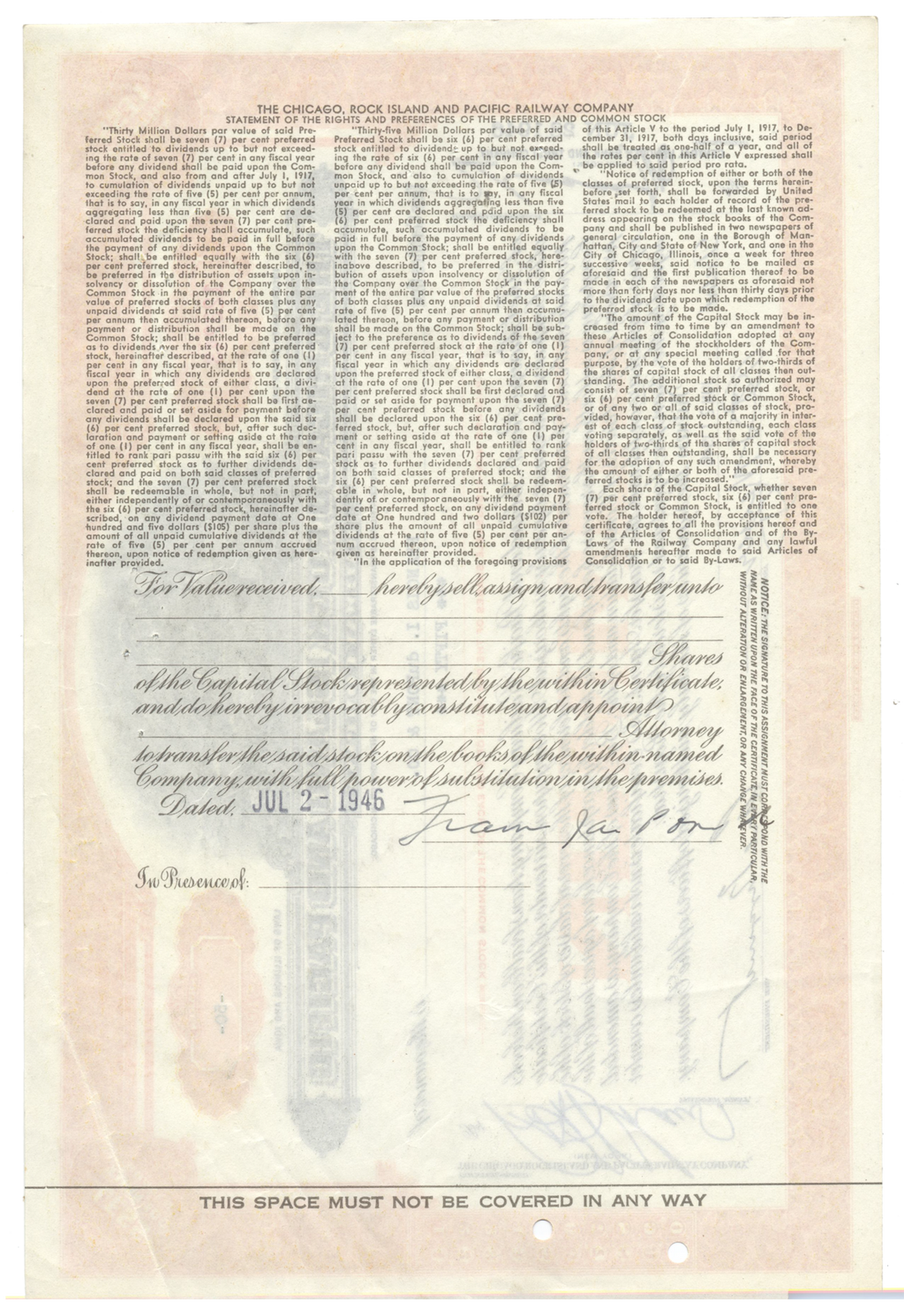 Chicago, Rock Island and Pacific Railway Company Stock Certificate