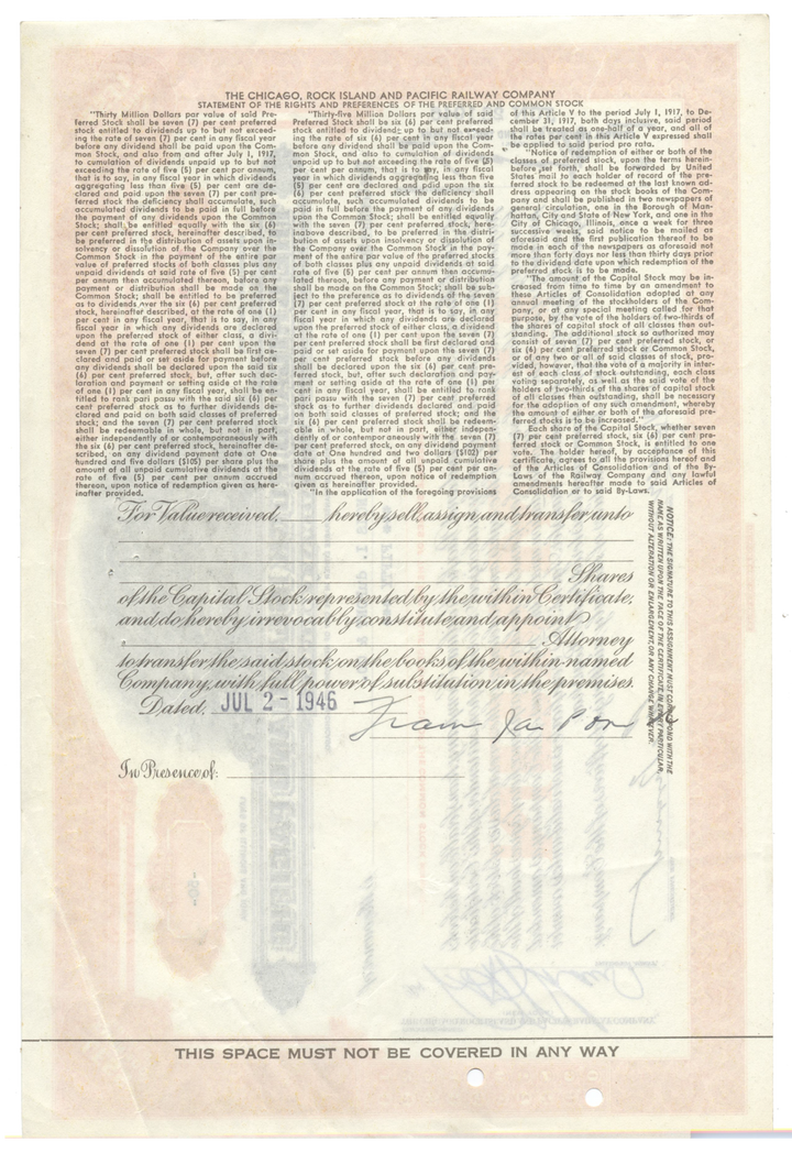 Chicago, Rock Island and Pacific Railway Company Stock Certificate