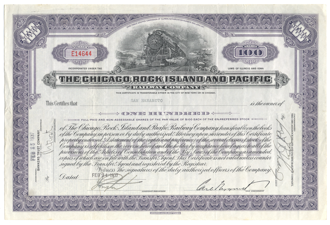 Chicago, Rock Island and Pacific Railway Company Stock Certificate