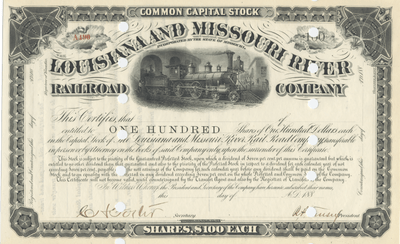 Louisiana and Missouri River Railroad Company Stock Certificate