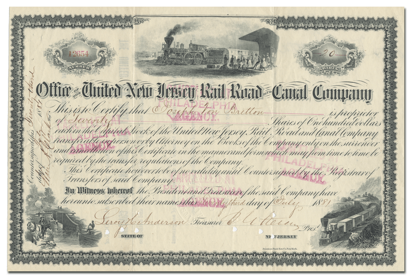 United New Jersey Rail Road and Canal Company Stock Certificate