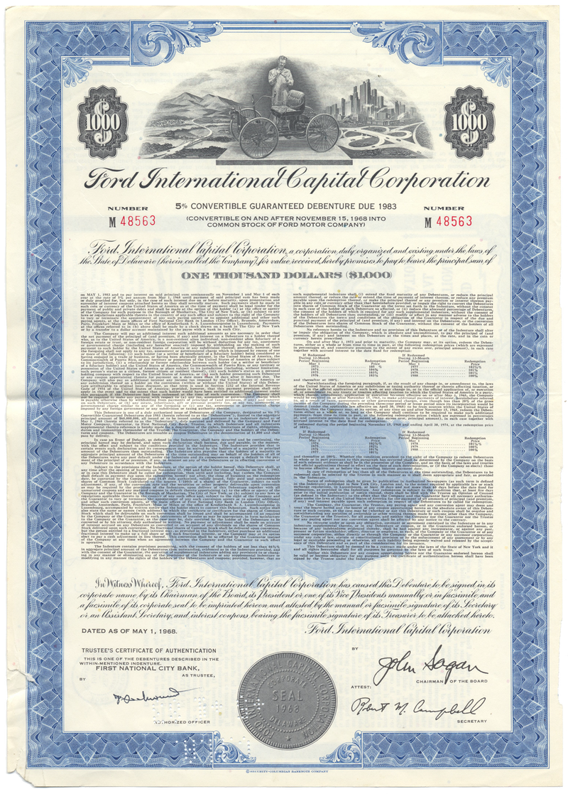 Ford International Capital Corporation Bond Certificate