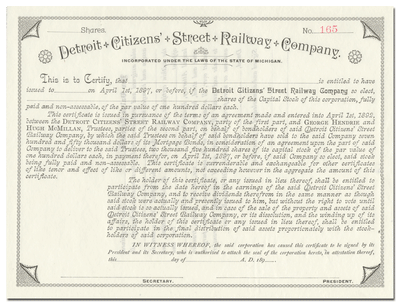 Detroit Citizens' Street Railway Company Stock Certificate